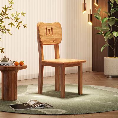 Wooden Dining Chair In Natural Home Interior With Green Plants And Small Round Table 3d model