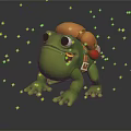 Green Toy Frog With Brown Backpack And Yellow Glowing Lights On Dark Background
