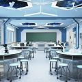 Modern Blue Laboratory Interior With Multiple Tables Microscopes Starry Ceiling And White Stools 3d model