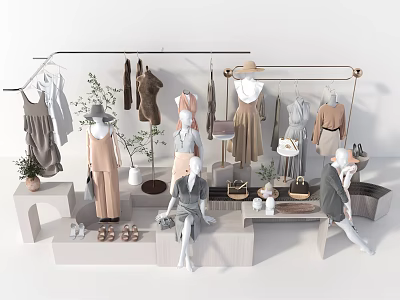 Stylish Clothing Store Display With Mannequins Clothes Racks Hats Bags Shoes And Plants 3d model