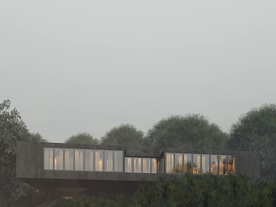 Modern Detached House Featuring Large Glass Windows Surrounded by Trees with Warm Interior Lights 3d model