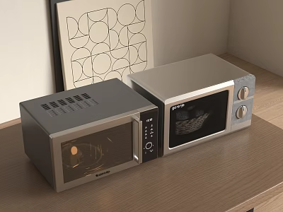 Modern Kitchen Appliances Two Sleek Silver Microwave Ovens On Wooden Countertop 3d model