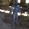 Blue Mech Warrior Standing In Ruined Building With Stone Walls And Light Rays