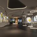 Modern Exhibition Hall Interior With Curved Screen Showing Green Field And Harvester