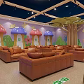 Kids Activity Room Interior With Brown Sofas Colorful Murals Flowers Butterflies Trees And Mushroom Decorations