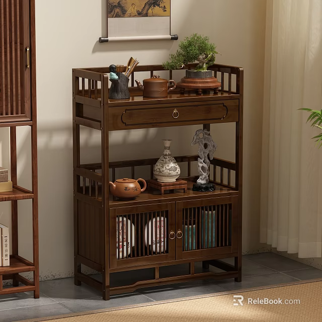 Chinese Wooden Display Shelf with Teapots Vase and Potted Plant Decorations for Home Interior 3d model 