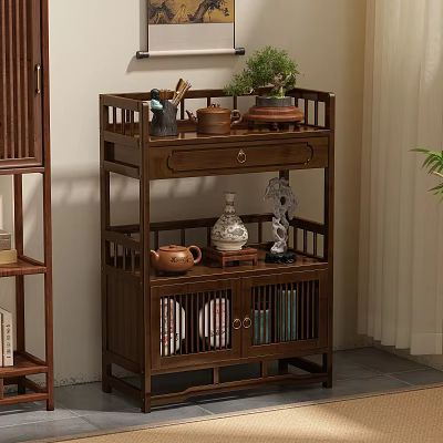 Chinese Wooden Display Shelf with Teapots Vase and Potted Plant Decorations for Home Interior 3d model