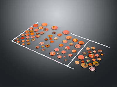 Colorful Circular Sculptures With Orange Red Brown Tones Arranged In Grid Area On Dark Background 3d model