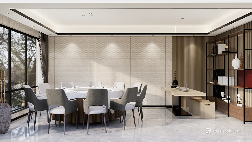 Elegant Private Dining Room With Modern Interior Round Table Gray Chairs And Cabinet 3d model