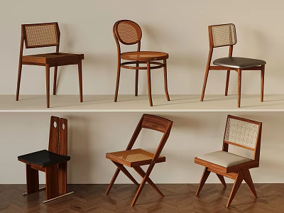 Wooden Chairs With Various Designs Including Woven Backs And Upholstered Seats 3d model