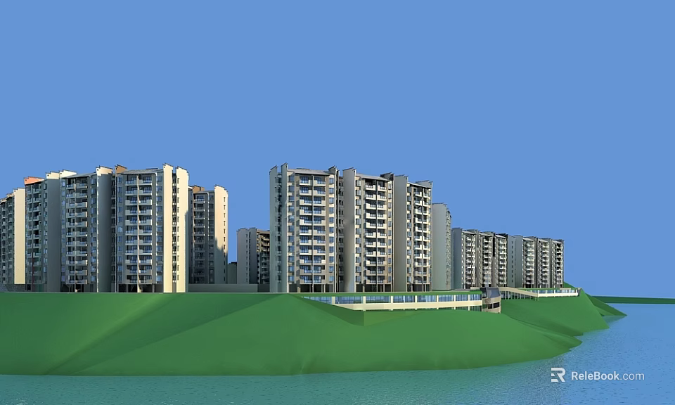 Multiple Modern Residential Buildings with Balconies on Green Hillside by Waterfront Scenic View 3d model 