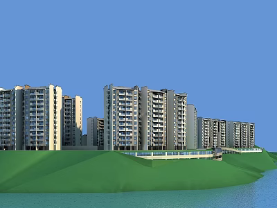 Multiple Modern Residential Buildings with Balconies on Green Hillside by Waterfront Scenic View 3d model