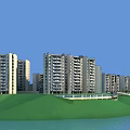 Multiple Modern Residential Buildings with Balconies on Green Hillside by Waterfront Scenic View