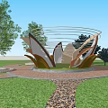 Modern Landscape Sculpture With Curved Metal Structure Amidst Green Trees And Grass