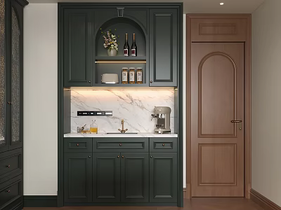 Dark Green Sideboard with Arched Open Shelf and Marble Countertop Next to Wooden Door 3d model
