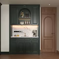 Dark Green Sideboard with Arched Open Shelf and Marble Countertop Next to Wooden Door
