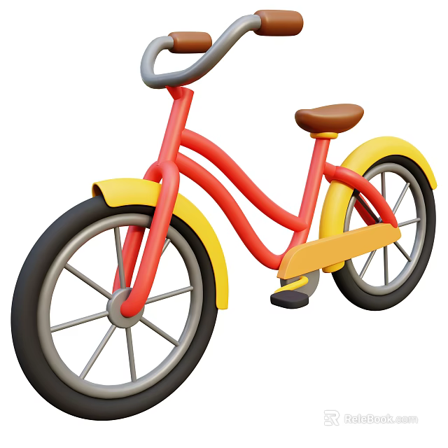 Colorful Kid's Bicycle With Red Yellow Frame Black Wheels Brown Seat And Gray Handlebar 3d model 