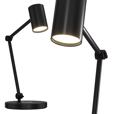 Two Black Desk Lamps With Adjustable Arms And Cylindrical Illuminated Shades 3d model