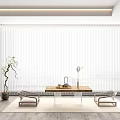 Minimalist Wooden Tea Table And Chairs Interior With Vertical Stripe Curtains And Green Plant