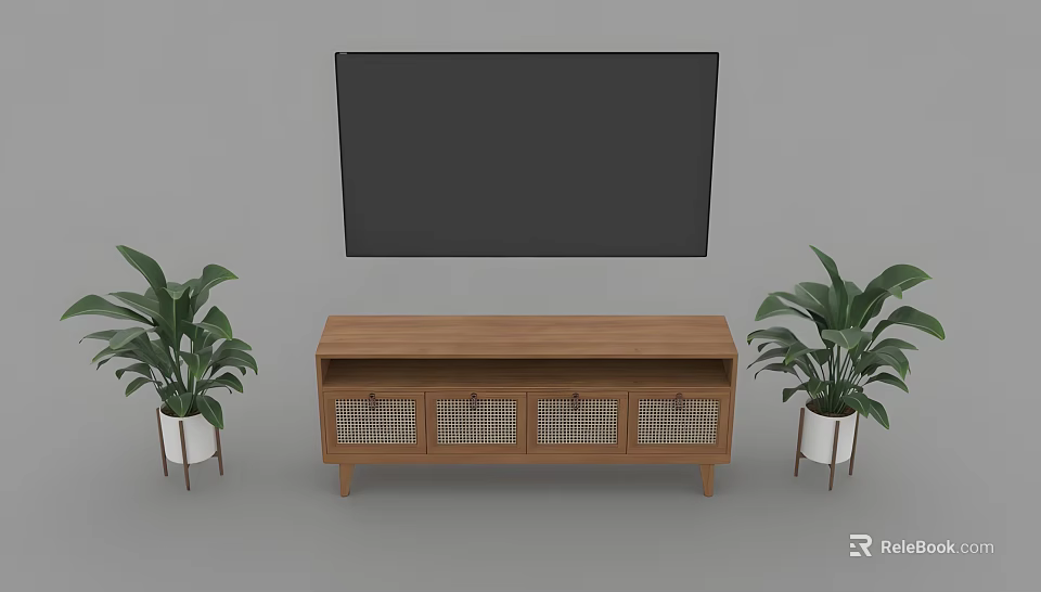Wooden TV Stand With Lattice Doors Wall Mounted TV And Green Plants In White Pots 3d model 