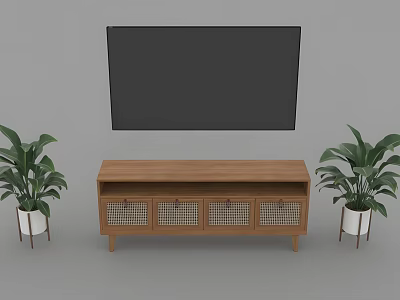 Wooden TV Stand With Lattice Doors Wall Mounted TV And Green Plants In White Pots 3d model