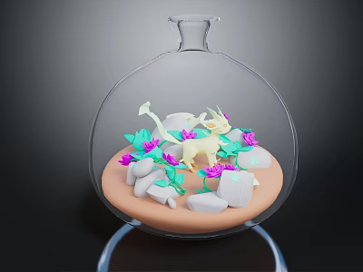 Fantasy Game Creature Inside Glass Dome With Purple Flowers Green Leaves And White Stones 3d model