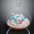 Fantasy Game Creature Inside Glass Dome With Purple Flowers Green Leaves And White Stones