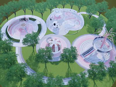 Outdoor Children's Playground With Circular Play Structures Slides Green Lawn And Trees 3d model