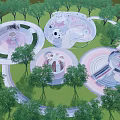 Outdoor Children's Playground With Circular Play Structures Slides Green Lawn And Trees