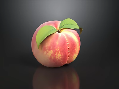 Fresh Ripe Peach With Pink And Yellow Skin And Green Leaves On Shiny Surface 3d model
