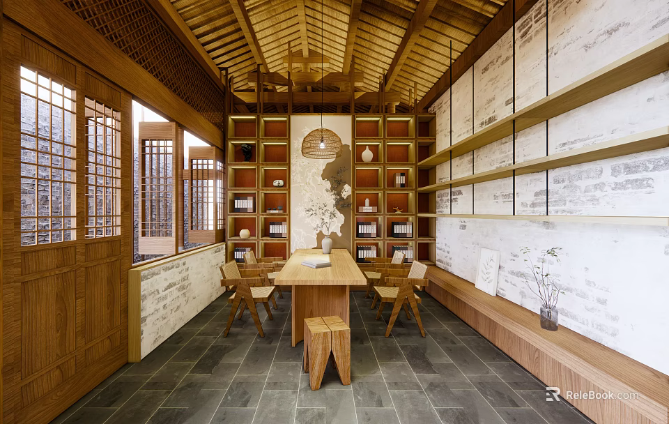 Chinese Style Private Room With Wooden Ceiling Shelves And Tea Sets Table Chairs 3d model 