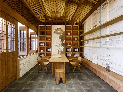 Chinese Style Private Room With Wooden Ceiling Shelves And Tea Sets Table Chairs 3d model