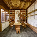 Chinese Style Private Room With Wooden Ceiling Shelves And Tea Sets Table Chairs