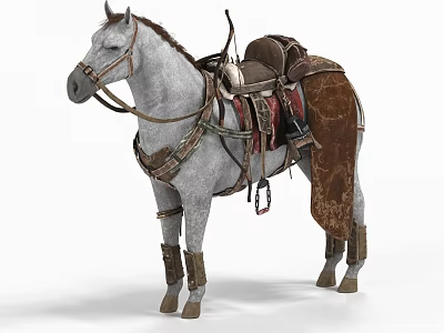 Detailed Gray Horse Equipped With Saddle Reins And Protective Horseshoes 3d model