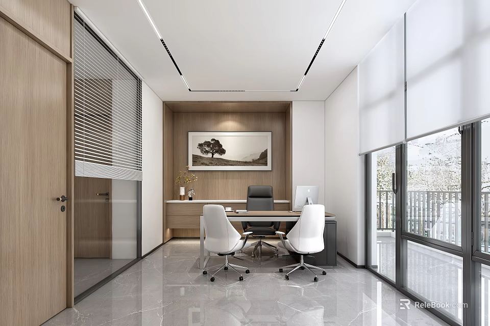 Modern Office Interior Design With Wooden Elements White Chairs Black Desk Marble Floor And Large Windows 3d model 