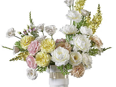 White Vase With Colorful Mixed Flowers And Green Leaves For Home Decor 3d model