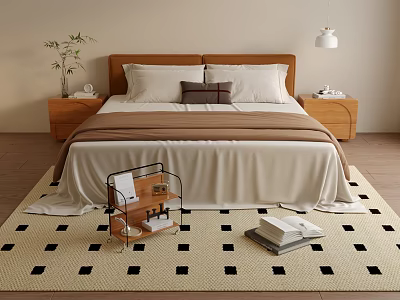 Cozy Double Bed with Wooden Headboard White Pillows and Beige Bedspread on Black Square Rug 3d model