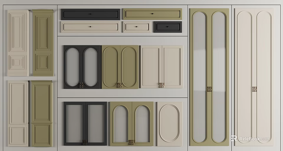 Various Kitchen Cabinet Door Designs With Glass Panels And Different Shapes 3d model 