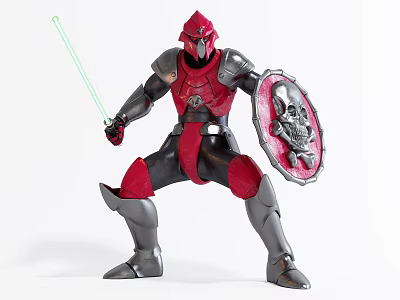 Game and Movie Character with Red Silver Armor Holding Green Lightsaber and Skull Shield 3d model