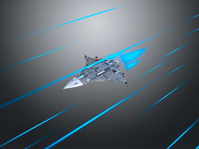 Futuristic Silver Spaceship With Blue Thrusters And Blue Light Trails On Gray Background 3d model