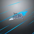 Futuristic Silver Spaceship With Blue Thrusters And Blue Light Trails On Gray Background