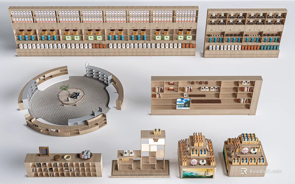 Diverse Wooden Shelving Units With Circular Multi Layer And Various Structure Designs 3d model 