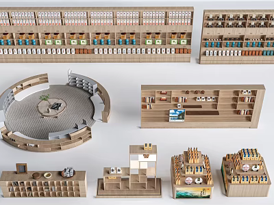 Diverse Wooden Shelving Units With Circular Multi Layer And Various Structure Designs 3d model