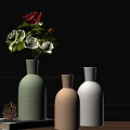 Green Beige And White Vases With Red White Roses On Dark Wall Background