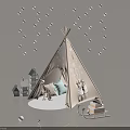 Teepee Tent Decorated With String Lights Snowflake Ornaments Soft Pillow Mini Houses And Wooden Sled