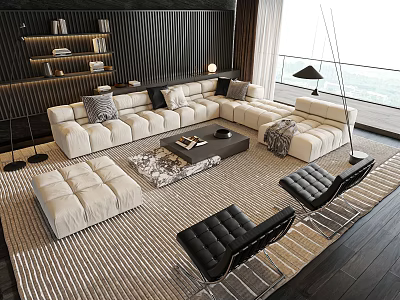 Modern Living Room Cream L Shaped Sofa With Black Coffee Table And Black Armchairs 3d model