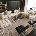 Modern Living Room Cream L Shaped Sofa With Black Coffee Table And Black Armchairs
