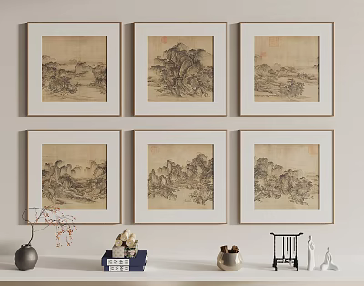 Six Framed Chinese Landscape Paintings Hanging On Wall With Decor 3d model