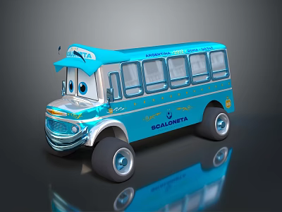 Blue Cartoon Monterey Bus With So Cal Oceans Logo And Big Shiny Wheels 3d model