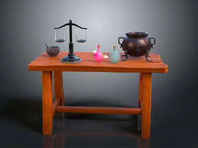 Wooden Table Display With Balance Scale Copper Pot Small Bottles And Spoon 3d model